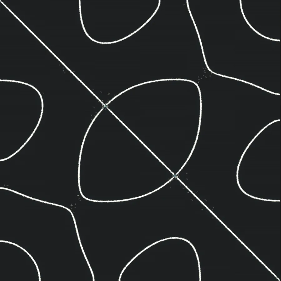 La plaque réglée sur le mode (2, 5) : le sable forme des lignes nettes et une ellipse au centre.