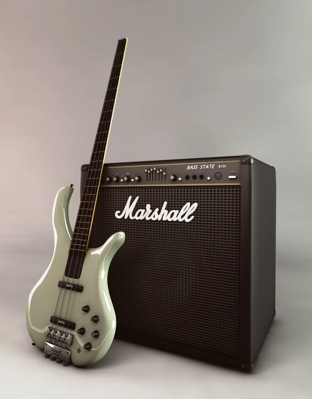 Basse vert pastel et amplificateur Marshall dans un rendu de studio