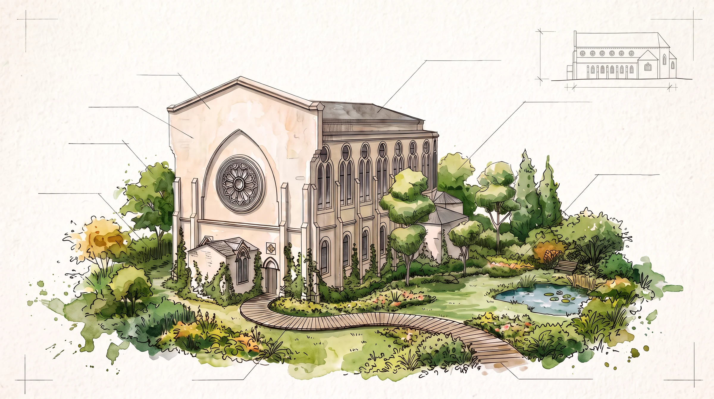 Le Couvent des Capucins à l’encre et à l’aquarelle, entouré d’un jardin dense