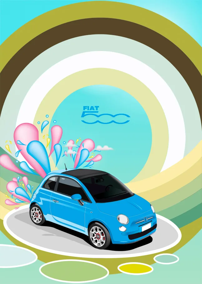 Illustration d'une Fiat 500 bleue devant des arches colorées