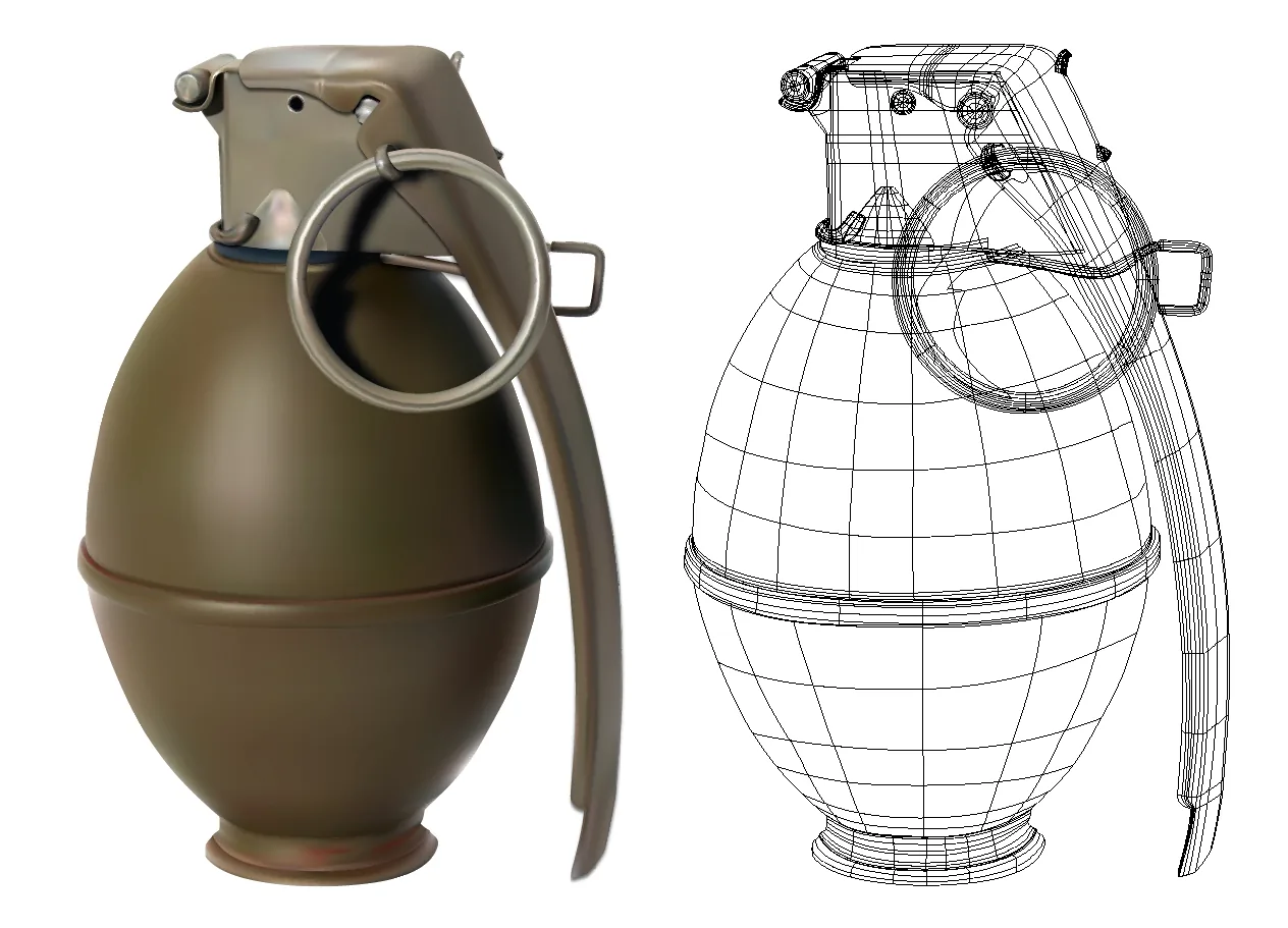 Étude de grenade avec rendu et maillage filaire