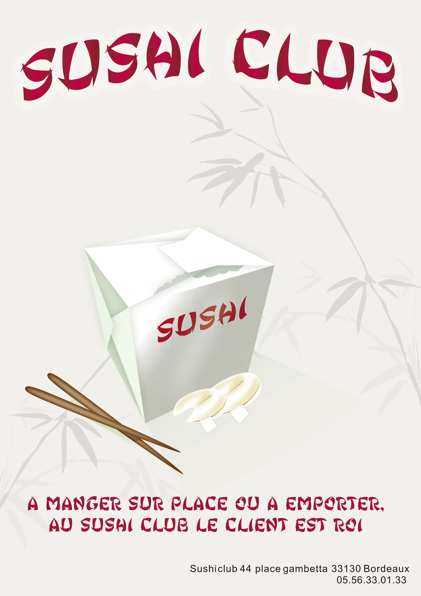 Affiche Sushi Club, lettrage rouge et illustration de sushis