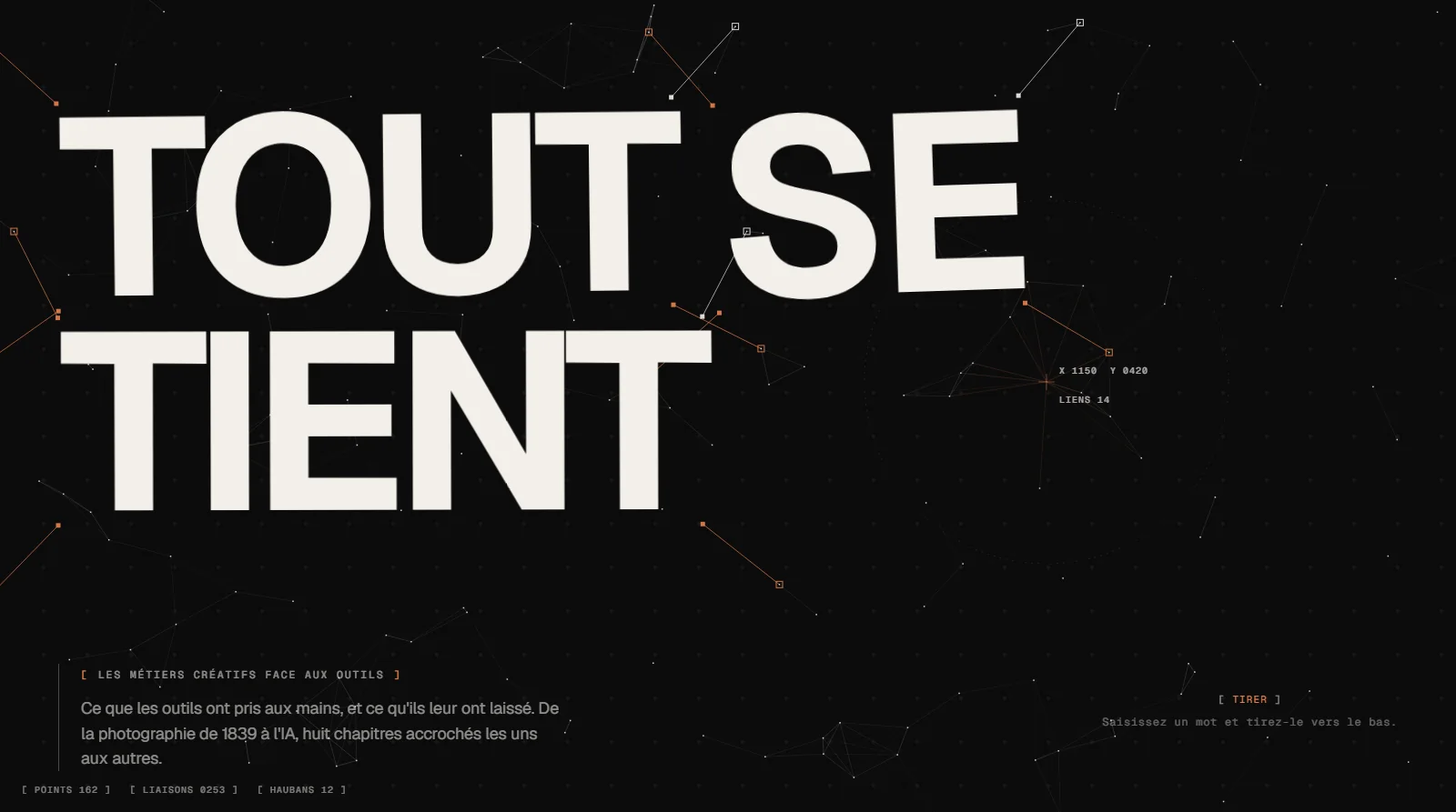 Le site Tout se tient : le titre « Tout se tient » en grandes capitales, chaque mot suspendu par des haubans à un maillage de points.