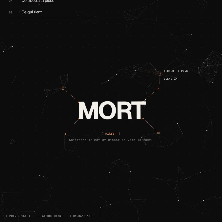 Un seuil : le mot « mort » pend à ses quatre haubans ; la consigne invite à le hisser.