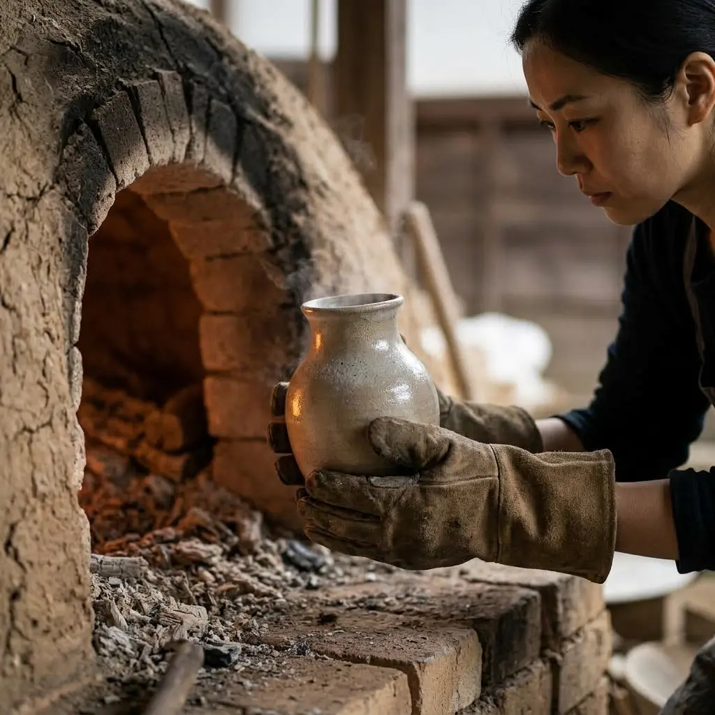 La cuisson : la céramiste sort un vase du four à bois.