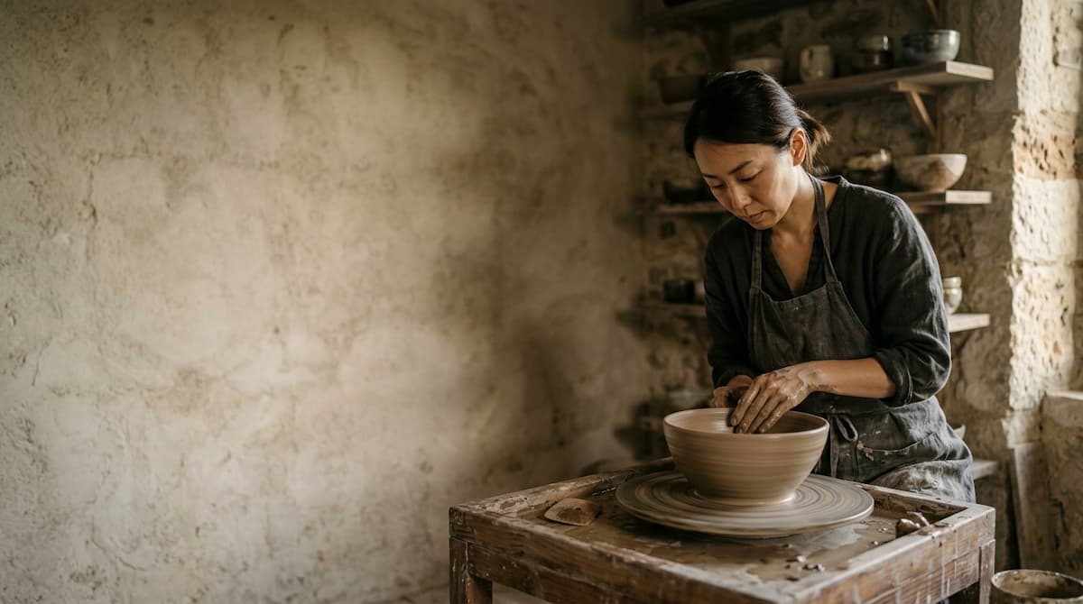 Le site Wabi-Sabi : une céramiste en tablier de lin façonne un bol sur son tour.