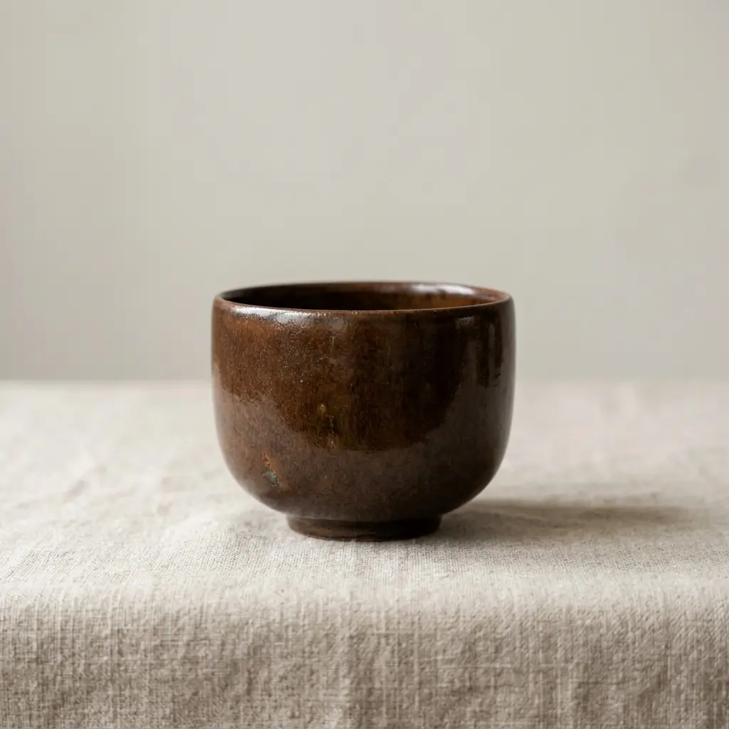 Un chawan émaillé brun posé sur une nappe de lin.