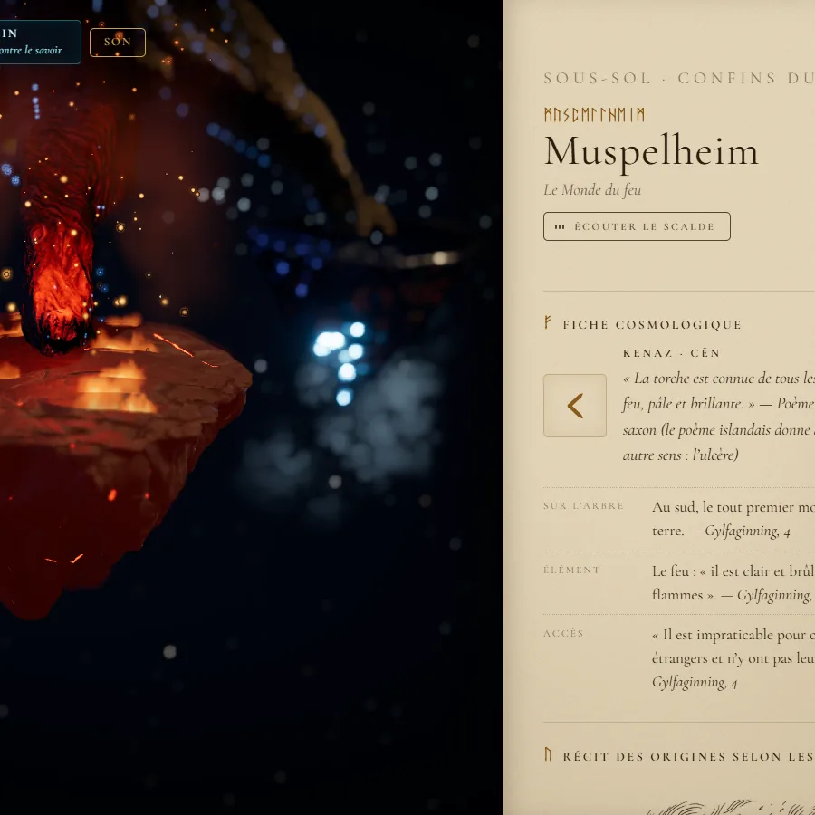 Muspelheim ouvert : la roche en feu à gauche, la fiche sur parchemin à droite, sources citées.